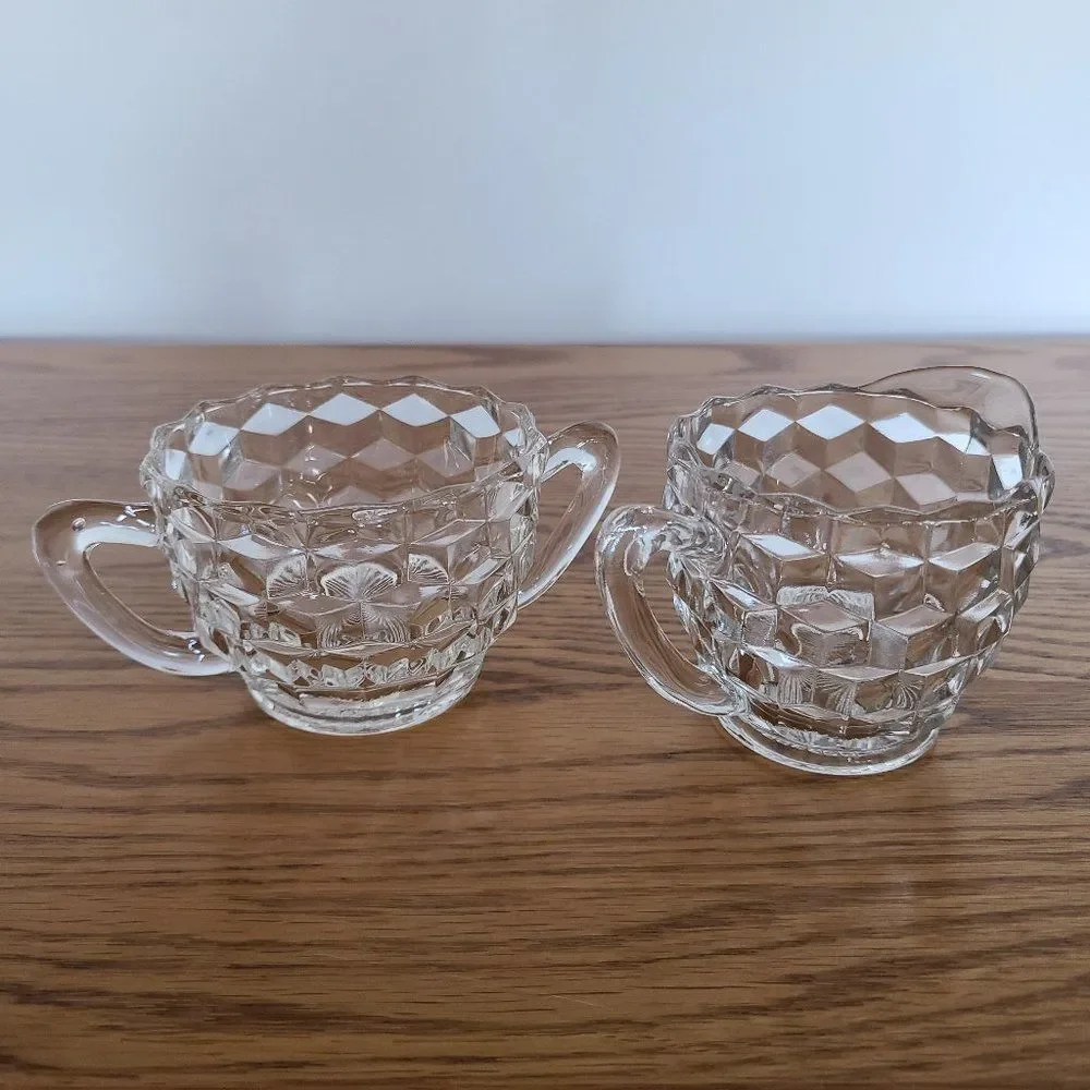 Cubist Style Crystal Open Sugar Bowl and Creamer Vintage Antique
